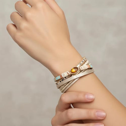 Edoneery Leather Wrap Bracelets for Women, Boho Layered Cuff Bangle | Multi-layer Leather Cuff, Daily wear, Stackable Bangle, Easy on-off, Western Jewelry Gifts for Women - color: Khaki-1