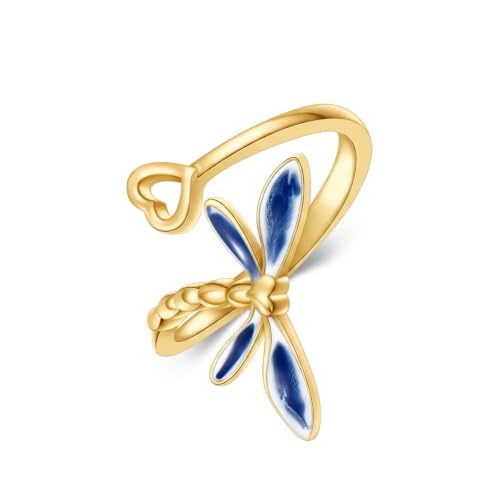 Dragonfly Toe Ring for Women 925 Sterling Silver Dragonfly/Butterfly/Cat/Paw Toe Rings Adjustable Open Ring for Women Christmas Jewelry Gift - color: Dragonfly-Toe-Yellow Gold