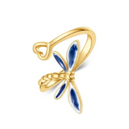 Dragonfly Toe Ring for Women 925 Sterling Silver Dragonfly/Butterfly/Cat/Paw Toe Rings Adjustable Open Ring for Women Christmas Jewelry Gift - color: Dragonfly-Toe-Yellow Gold