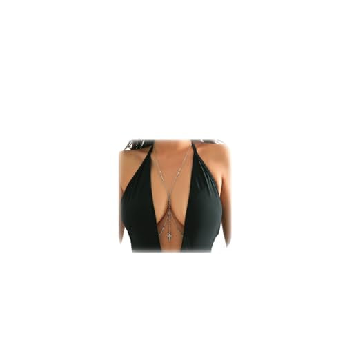 Summer Beach Crystal Cross Pendant Bra Body Chest Chain Rhinestone Long Tassel Waist Body Chain Necklace Sexy Crystal Belly Chain Jewelry for Women - color: Silver