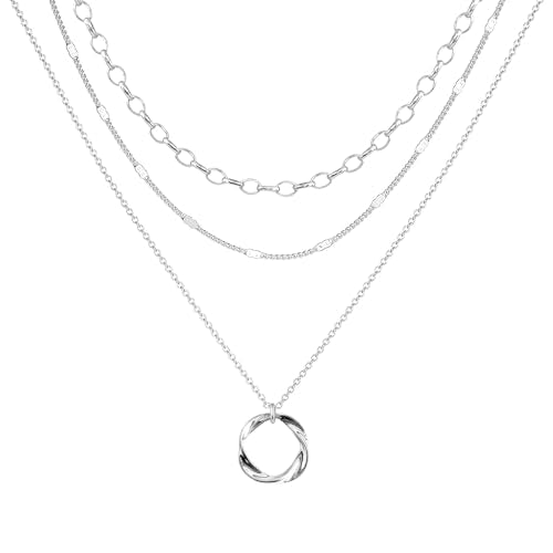 OGD Layered CZ Rondelle Pendant Necklaces for Women, 14K Gold Plated Trendy Mariner Chain Dainty Circle Rondelle Pendant Choker Necklace for Women Two-Toned Cubic Zirconia Gold Necklace - color: 3PCS-Circle-Silver