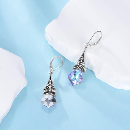 Vintage Crystal Earrings 925 Sterling Silver Retro Dangle Drop Leverback Earrings with Crystla from Austria, Birthday Jewelry Gifts for Women