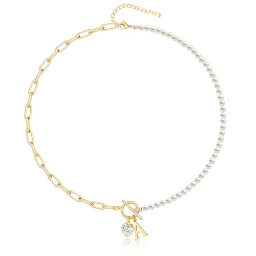 Initial Pearl Necklace for Women, 14K Gold Plated Paperclip Chain | Toggle Clasp, Heart CZ Initial Necklace,Gold Necklace for Women,Bridesmaid Wedding Gifts Jewelry - color: Gold-A