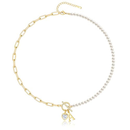 Initial Pearl Necklace for Women, 14K Gold Plated Paperclip Chain | Toggle Clasp, Heart CZ Initial Necklace,Gold Necklace for Women,Bridesmaid Wedding Gifts Jewelry - color: Gold-A