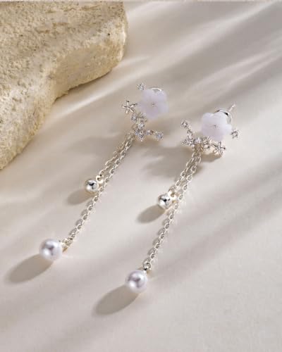 14K Gold Plated/Sterling Silver CZ Pearl Drop Dangle Earrings for Women - color: Gold-Flower Pearl CZ