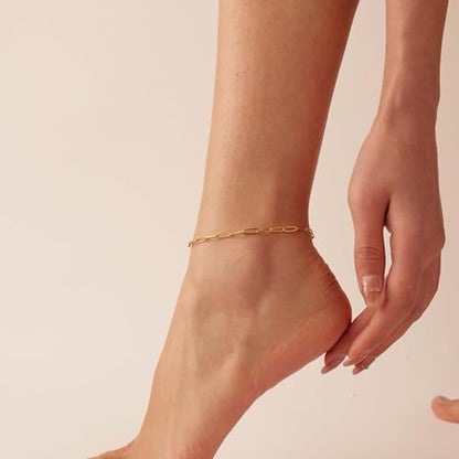 Dainty Ankle Bracelets for Women 18K Gold Plated Waterproof | Satellite Beaded Herringbone Lip Chain Anklets Simple Minimalist Summer Beach Foot Jewelry, Gift Box Included - color: Paperclip-Gold