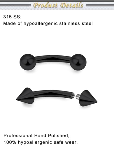 Eyebrow Piercing Jewelry Internally Threaded Surgical Steel Vertical Labret Lip Jewelry Curved Barbell Tiny Eyebrow Ring Ear Rook Navel Small Belly Button Ring for Women Men 16g - color: 16g,black