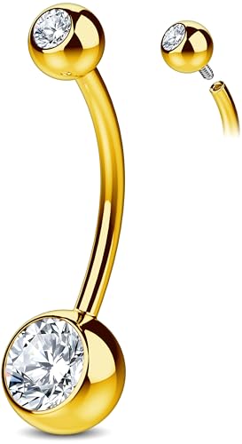 Internally Threaded Belly Button Ring G23 Titanium with Grade AAAAA Cubic Zirconia - 14g Implant Grade Titanium Belly Ring Piercing Jewelry Internal Thread - Bellybutton Rings Navel Jewelry For Women - color: Gold - 14mm