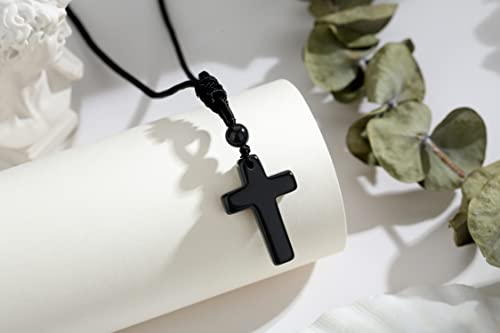 QINJIEJIE Cross Crystal Necklace Adjustable Black Rope Natural Gemstone Quartz Stone Necklaces for Men Women Father's Day Gift - color: Black - Obsidian