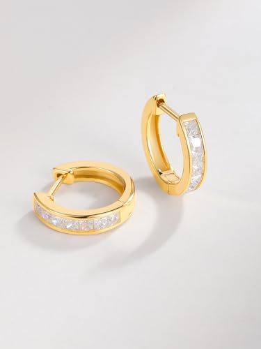 Chunky Emerald Sapphire Ruby Hoop Earrings, Princess or Round Cut, 14k Yellow Gold Plated Sterling Silver Cubic Zirconia Huggie Earings Minimalist Hoops Earrings for Women Wedding Daily Birthday - style: Princess cut -5a CZ -Gold