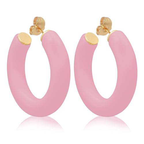 Gold Plated Multicolor Resin Chunky Thick Open Hoop Earrings in 57MM and 37.5MM Diameters - color: Pink - Pastel - Matte Finish, size: 37.5MM (1.48") Diameter