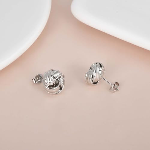 Love Knot Stud Earrings for Women Gold Plated Knot Earrings Geometric Twisted Statement Earrings Trendy Jewelry - color: Silver 12mm Knot