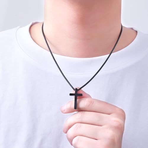 Fiusem Cross Necklace for Men, Stainless Steel Cross Pendant Jewelry Gift | Silver/Gold/Black Mens Cross Necklaces with 2.5mm Cross Chain, Box Chain 16-28 Inch - size: 16.0 Inches, style: Small Black cross: 1.2" * 0.7"