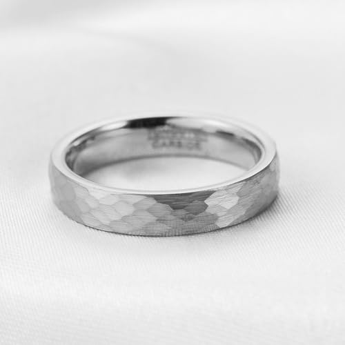 4-6mm Hammered Tungsten Wedding Band Matte for Men and Women | Matte Brushed Finish, Scratch and Fade Resistant, Engraved Faceted Pattern, Dome Profile, 4mm/6mm/8mm, Sizes 6–12 - color: 4mm Hammered Silver