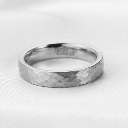 4-6mm Hammered Tungsten Wedding Band Matte for Men and Women | Matte Brushed Finish, Scratch and Fade Resistant, Engraved Faceted Pattern, Dome Profile, 4mm/6mm/8mm, Sizes 6–12 - color: 4mm Hammered Silver
