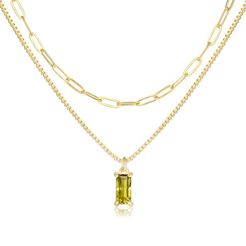 Dainty Gold Charm Necklaces for Women Non Tarnish, 14K Trendy Blue Green Cubic Zirconia Emerald Pendant Birthstone Necklaces Birthday Gifts for Women Waterproof Jewelry - color: 08-August(Peridot)