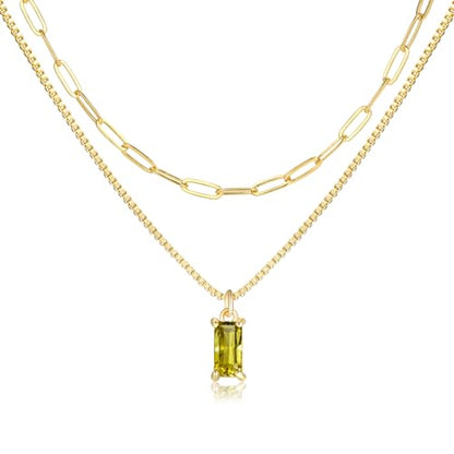 Dainty Gold Charm Necklaces for Women Non Tarnish, 14K Trendy Blue Green Cubic Zirconia Emerald Pendant Birthstone Necklaces Birthday Gifts for Women Waterproof Jewelry - color: 08-August(Peridot)