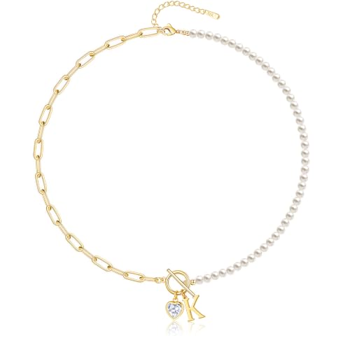 Initial Pearl Necklace for Women, 14K Gold Plated Paperclip Chain | Toggle Clasp, Heart CZ Initial Necklace,Gold Necklace for Women,Bridesmaid Wedding Gifts Jewelry - color: Gold-K