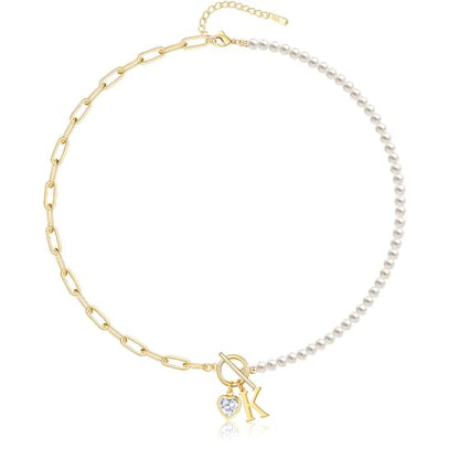 Initial Pearl Necklace for Women, 14K Gold Plated Paperclip Chain | Toggle Clasp, Heart CZ Initial Necklace,Gold Necklace for Women,Bridesmaid Wedding Gifts Jewelry - color: Gold-K