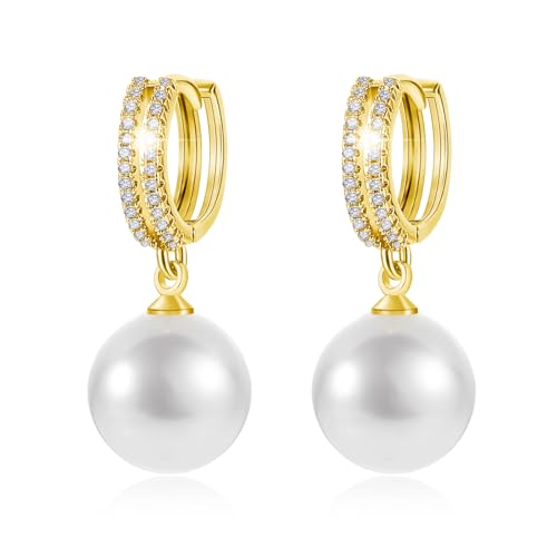 Pearl Earrings for Women 14K Gold Plated Hypoallergenic Pearl Earrings 5A Cubic Zirconia Dangle Earrings Elegant Jewelry - color: 4-Gold