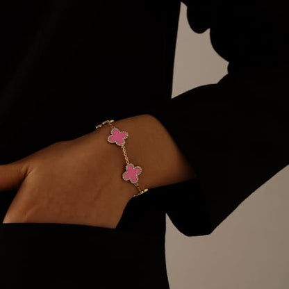 Qitian Clover Bracelet for Women 18K Gold Four Leaf Pink Lucky Link Clover Bracelets, Trendy Bracelets Set Jewelry Gifts for Women - color: A-Pink