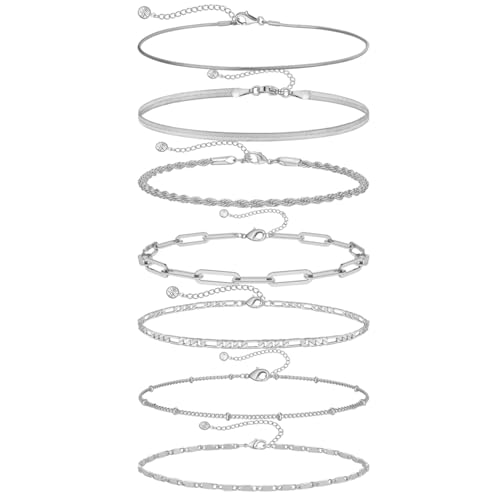 VAMA FASHIONS 8-Piece Adjustable Silver Anklet Set Snake Herringbone Rope Paperclip Figaro Satellite Box & Mirror Chain Anklets Foot Jewelry for womens