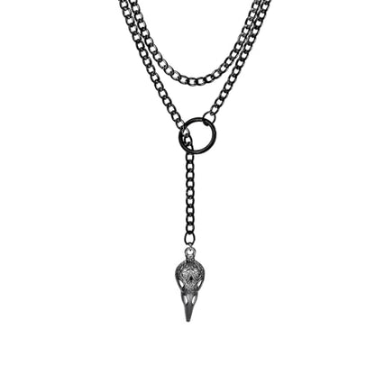 Slip Chain Necklaces for Women Stainless Steel Bar Pendant Choker Necklace Boho Handmade Long Lariat Necklace Silver Statement Punk Rock Collar Jewelry - style: layered black raven