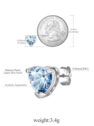 FindChic 2 Carat Birthstone Stud Earrings for Women, Round/Heart/Princess Cut Stud Earrings, Hypoallergenic Studs with 925 Sterling Silver Posts, 12 Months Birthday Jewelry Gift - color: 03. March-Aquamarine(Heart Cut)