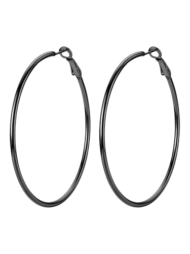 FOCALOOK 14K Gold Plated Lightweight Large Hoops| 2mm Thin Hoop Earrings for Women 30/40/50/70/100mm - color: 01.Black, size: 60mm