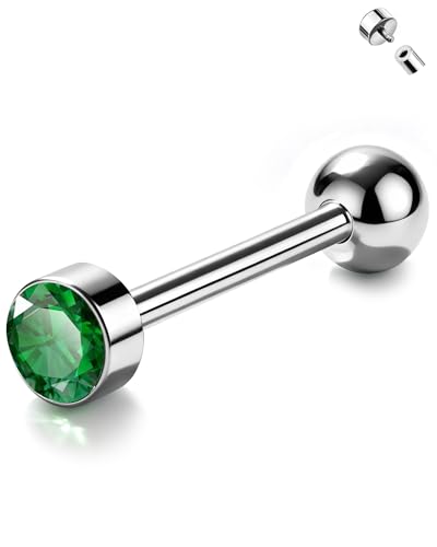 Jewseen ASTM F136 Hypoallergenic Titanium Super Light Tongue Ring Cute Crystal Internally Threaded 14G 16mm Piercing Jewelry-TIMELESS COLLECTION - color: Emerald Green