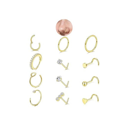 20G Nose Rings Hoops And Studs For Women Men, 12PCS Hypoallergenic Stainless Steel Nose Hoops Dainty Non Tarnish Nose Hoop Set, L Shaped CZ Nose Stud Piercing Jewelry Gold/Sliver - color: 20G-Gold