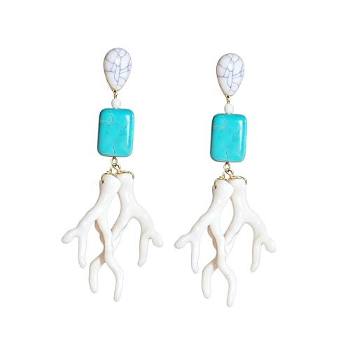 Acrylic Coral Dangle Earrings for Women Bohemian Turquoise Coral Branch Geometric Long Earrings Conch Corals Tassel Earrings Beach Ocean Charm Statement Jewelry - color: White