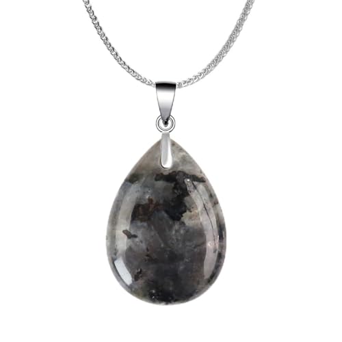 iSTONE 925 Sterling Silver Natural Crytral for Womens Pendant Necklace, Gemstone Birthstone with 17.8" Silver Chain Ladies - color: Black Spectrolite
