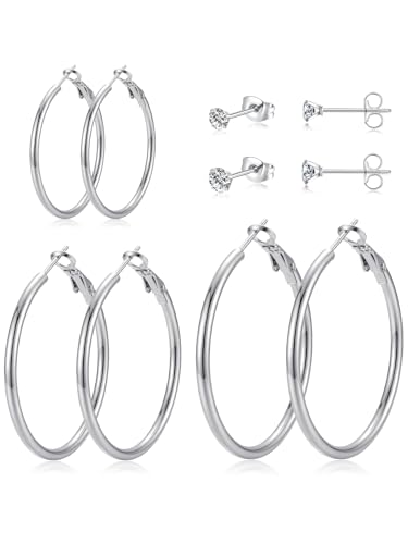 5 Pairs Silver Gold Stud Hoop Earrings for Women, Hypoallergenic 14K Gold Plated Trendy Stud Hoop Earrings Set for Sensitive Ears, Lightweight Big Hoops Earring Stacks for Multiple Piercing Jewelry Gift - color: Silver-30/40/50mm