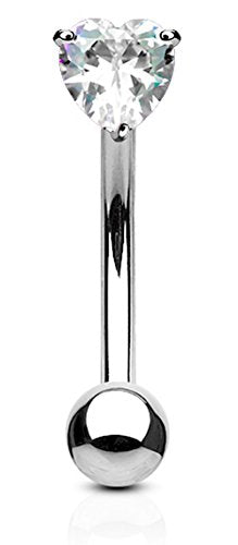 Forbidden Body Jewelry 16g 8mm Surgical Steel 3mm CZ Heart Top Barbell for Daith, Eyebrow and Rook Piercing - color: Clear CZ