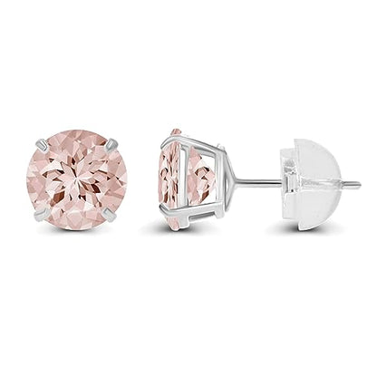 Solid 14K Yellow, White or Rose Gold 4mm Round Genuine Gemstone Birthstone Prong Set Stud Earrings For Women - color: Morganite
