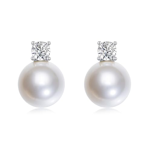 Pearl Earrings for Women 925 Sterling Silver 10MM CZ Pearl Stud | Cubic Zirconia, Dainty Simulated White Pearl Stud Drop Earring, Engagement Wedding Bridal, Hypoallergenic - size: 8MM