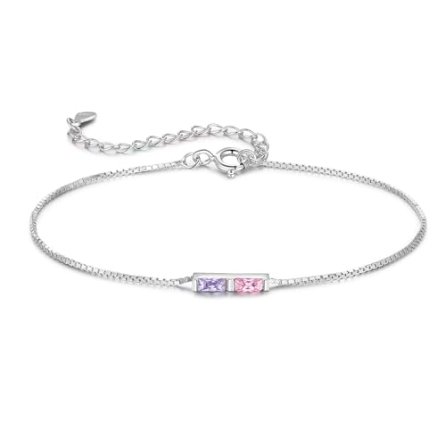 Sterling Silver Personalized 1-6 Birthstone Bracelet for Women Mothers Day Bracelet for Mom Daughter Custom Dainty Jewelry for Christmas Birthday Gift Ideas - style: Silver-2 stones