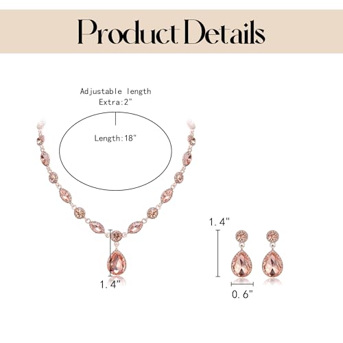 EleQueen Women's Teardrop Necklace Earrings Jewellery Set for Party Prom | Wedding Bridal Costume Jewelry Set for Brides Bridesmaids, Crystal Teardrop Necklace Dangle Earrings - color: Rose Gold-Tone