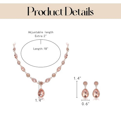 EleQueen Women's Teardrop Necklace Earrings Jewellery Set for Party Prom | Wedding Bridal Costume Jewelry Set for Brides Bridesmaids, Crystal Teardrop Necklace Dangle Earrings - color: Rose Gold-Tone