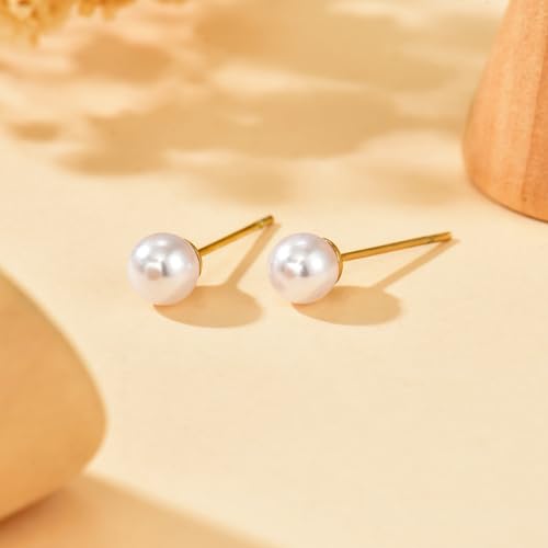 Pearl Stud Earrings for Women Gold/Silver Plated 3mm 4mm 5mm 6mm 8mm Pearl Earrings Dainty Hypoallergenic Earrings - color: Gold, size: 6 Millimeters