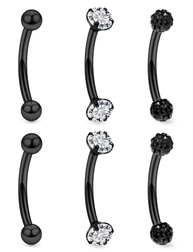 18G 16G 14G Eyebrow Ring Piercing Jewelry Surgical Steel Internal Thread Vertical Labret Lip Ring Rook Daith Earrings Belly Button Ring Piercing Jewelry for Women Men CZ Silver Black Gold - color: Black, size: 14G, 6mm Length