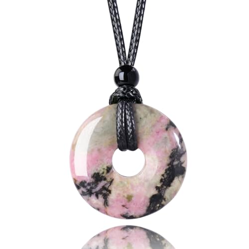 Anjiucc Natural Gemstone Pendant Necklce Lucky Coin Crystal Necklace Donut Pendnat with Adjustable Rope Healing Crystal for Men - color: Rhodonite