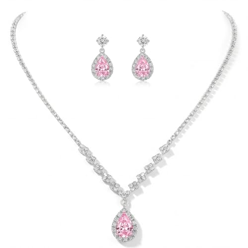 Unicra Bride Crystal Necklace Earrings Set Bridal Wedding Jewelry Sets Rhinestone Choker Necklace Prom Costume Jewelry Set for Women and Brides - color: Pink