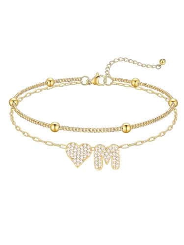 KeyStyle Heart Initial Ankle Bracelets for Women, Layered CZ A-Z Letter | 14K Gold Plated or Silver Stainless Steel Anklet, Hypoallergenic Waterproof Layered Jewelry for Daily Wear & Special Gifts - color: Gold-M