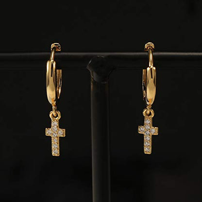 XYJZXY Gold Huggie Small Hoop Earrings with Charm Personalized Snake/Evil Eye/Star/Cross/Lock/Key 18k Gold Plated Crystal Drop Dangle Earrings for Women - style: Cross