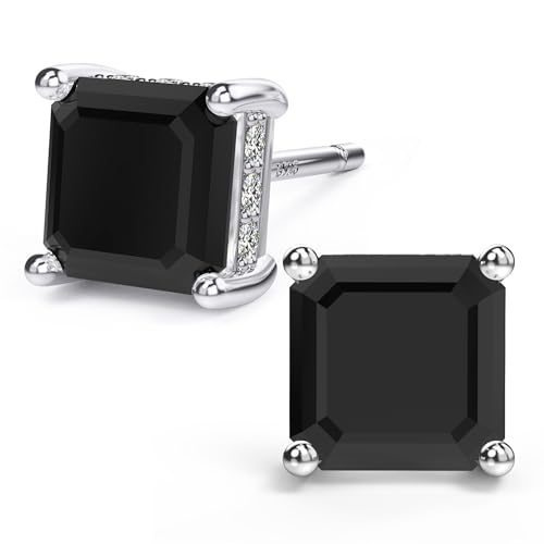Asscher Cut Cubic Zirconia Stud Earrings for Men Women | Square CZ Simulated Diamond Studs, 18K White Gold Plated Sterling Silver - color: Black, size: 7MM