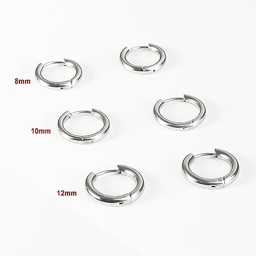 Silver Gold Hoop Earrings for Women Men, 316L Surgical Stainless Steel Huggie Hoop Earrings Set Hypoallergenic Small Cartilage Earrings Lightweight Hoop Earrings Huggie Set - color: Silver--8/10/12mm