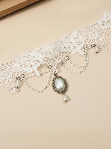 Lace Choker Necklace for Women Tassel Pendant Choker Necklaces Elegant Boho Collar Necklaces Statement Artistic Chain Necklace with Pearl Halloween Party Cosplay Costume Jewelry - color: White Lace-2