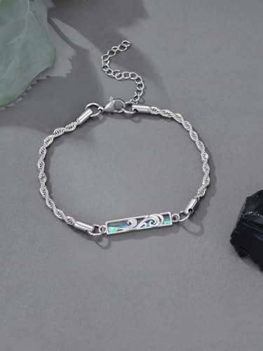 Waves/Tree of Life/Mushrooms/Moon Phase/Butterfly/Hummingbird Bracelet/Anklet 925 Sterling Silver Adjustable Abalone Shell Bar Bracelet/Anklet Summer Jewelry Gifts for Women - color: Waves-Abalone, size: Bracele 7"+2"